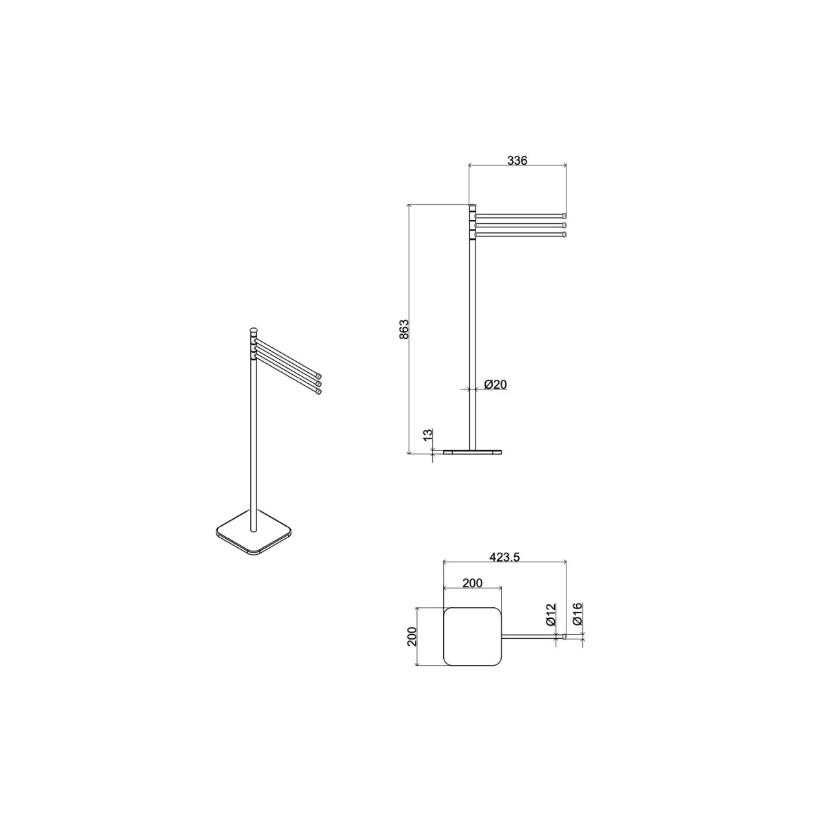 Porte-serviettes de salle de bain sur pied en acier chromé | Venise