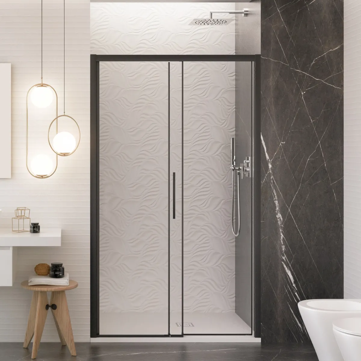 Ambientazione bagno contemporaneo con porta doccia a...