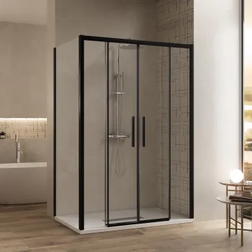 Cabine de douche double face avec profilés noirs LAGOA en verre transparent de 6 mm