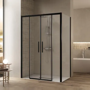 Cabine de douche double face avec profilés noirs LAGOA en verre transparent de 6 mm