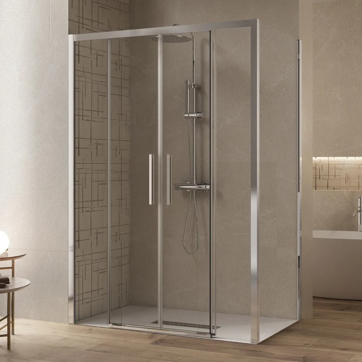 Cabine de douche double face avec porte coulissante coulissante et côté fixe Lagoa