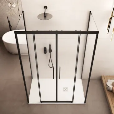 Cabine de douche à trois côtés avec profilés noirs LAGOA en verre transparent de 6 mm