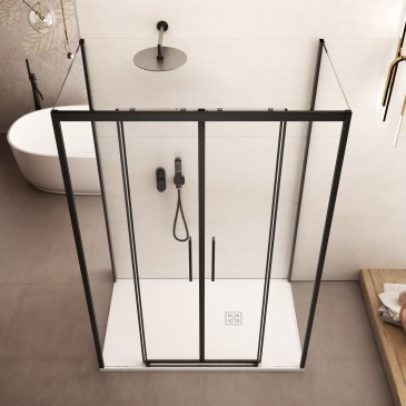 Cabine de douche double face avec profilés noirs LAGOA verre transparent 6 mm