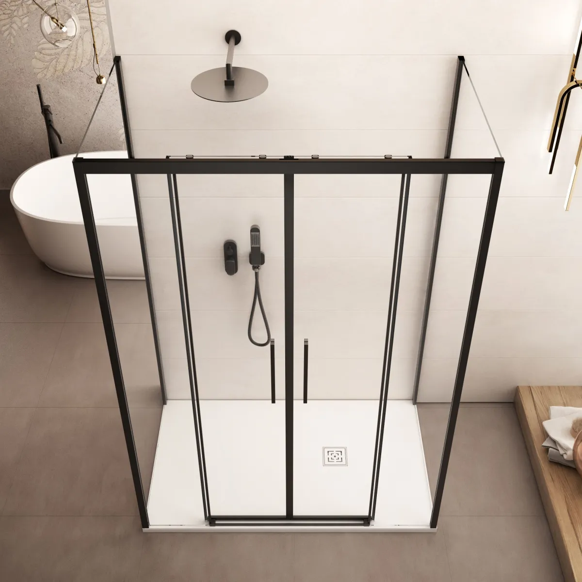 Cabine de douche à trois côtés avec profilés noirs LAGOA...
