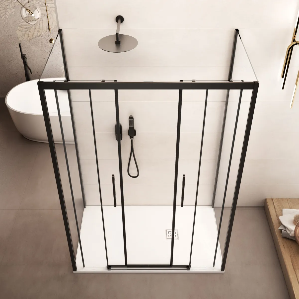 Cabine de douche à trois côtés avec profilés noirs LAGOA...