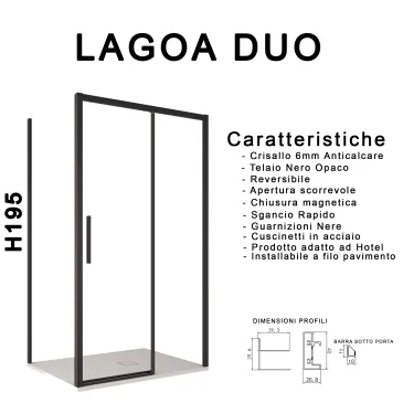 Doppelseitige Duschkabine mit schwarzen Profilen aus 6 mm starkem, transparentem LAGOA-Glas