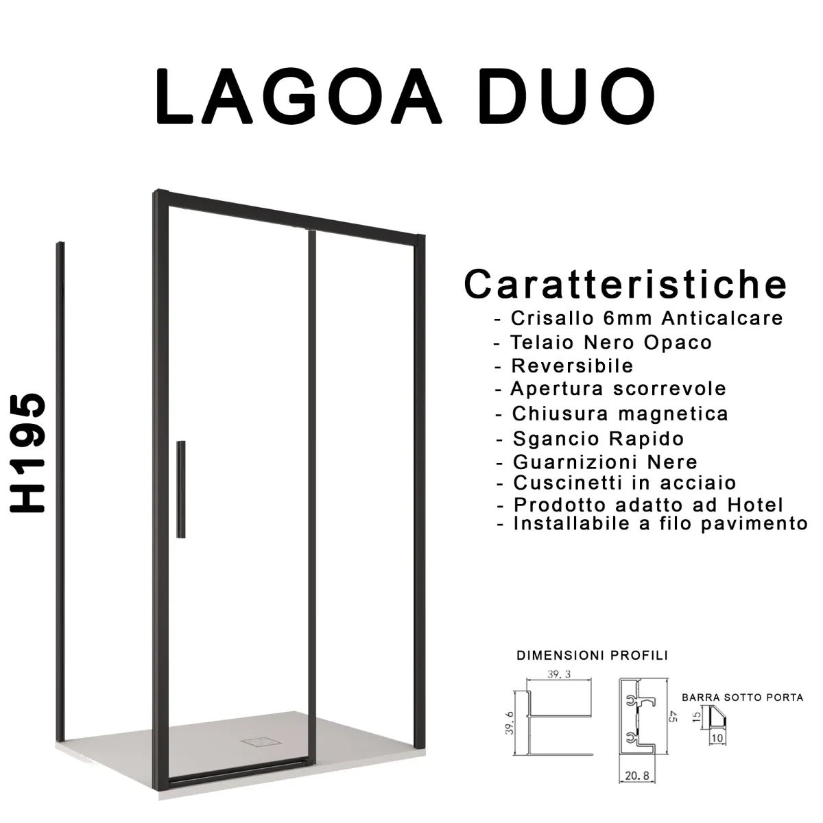 Schema tecnico e dimensioni del box doccia due lati Lagoa...