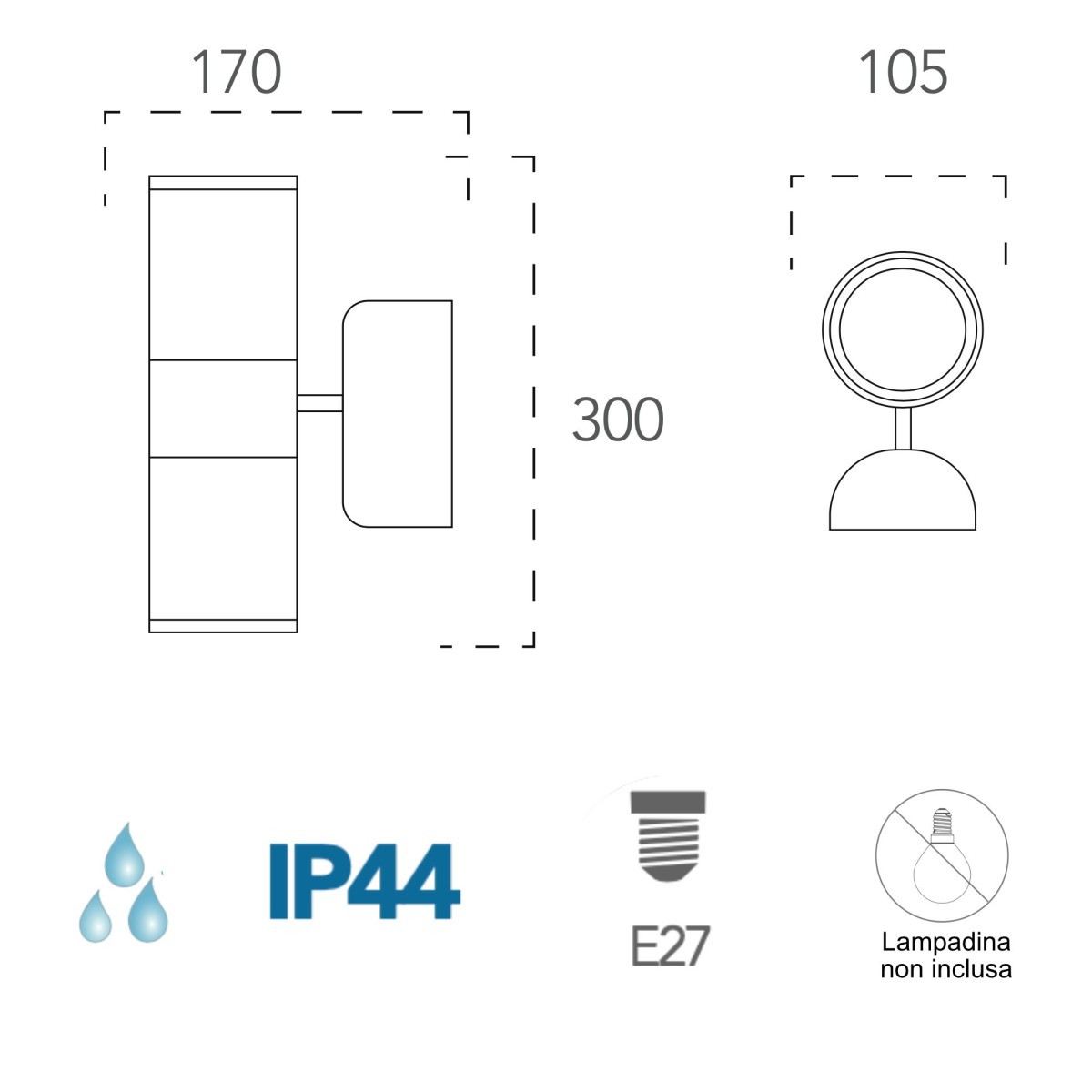 Applique da parete per esterno 2x60W E27 argento Gazza