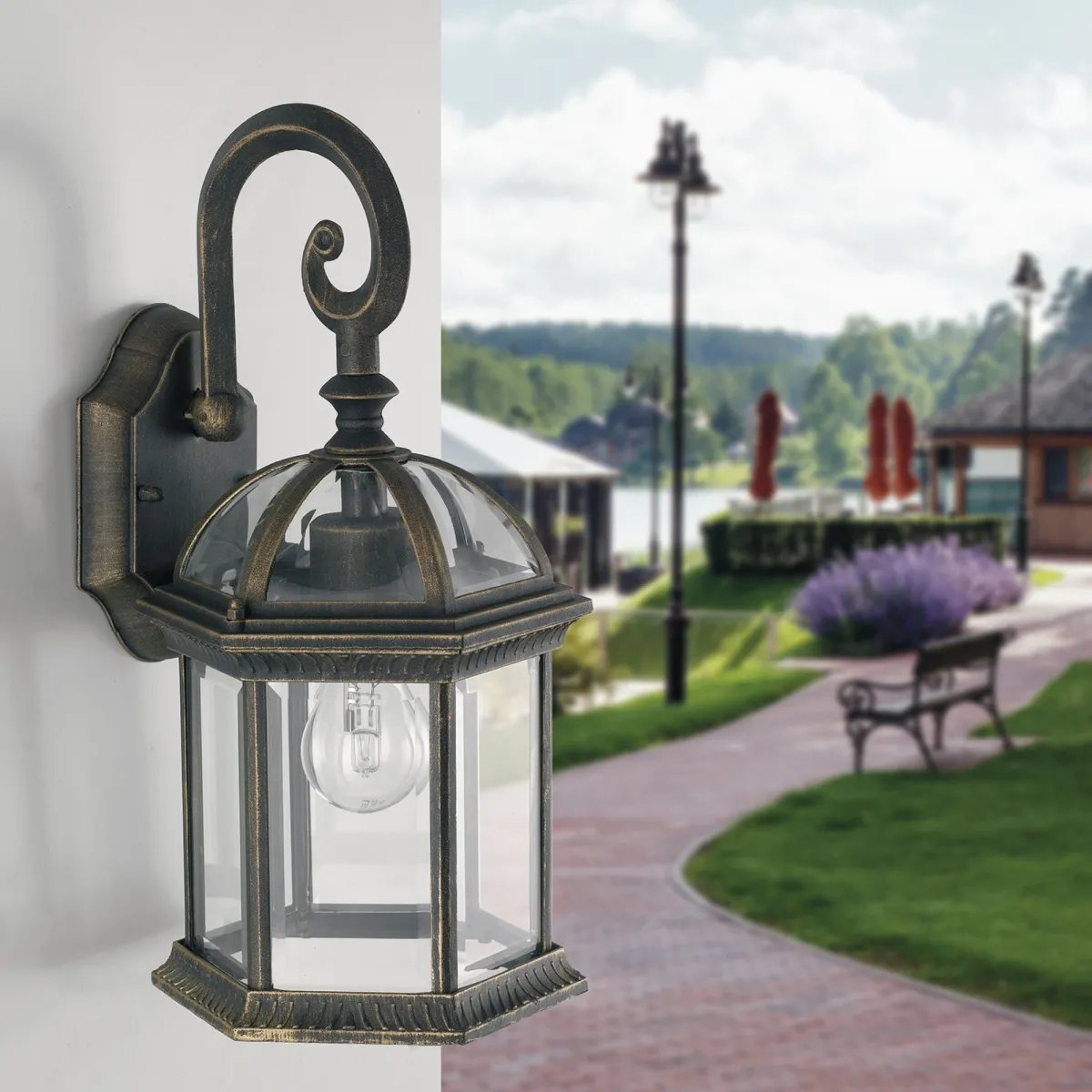 Applique da parete per esterno 42w E27 nero e oro Old Lamp