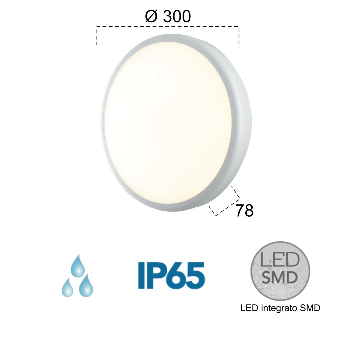 Plafoniera per esterno 30W a led 4000K bianca Meg Round