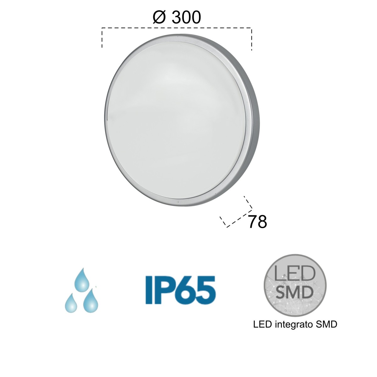 Plafoniera per esterno 30W a led argento Meg Round