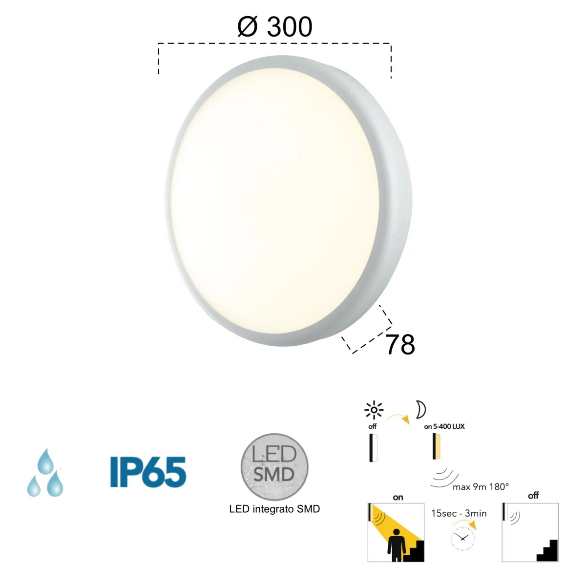 Plafonnier extérieur led 30W avec capteur Meg Sense blanc