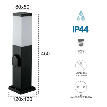 Borne lumineuse extérieure E27 avec douilles Schuko | Mondialshop