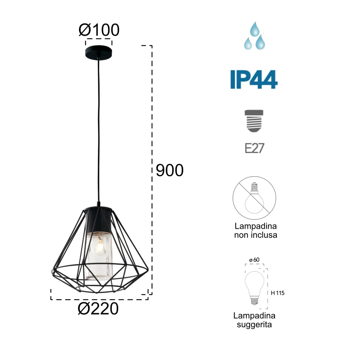 Lampadario a sospensione 60W E27 nero Drax