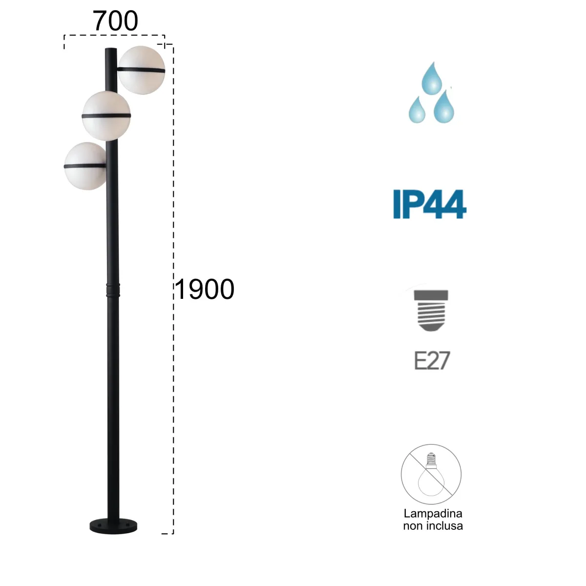 Lampadaire Pole ORBIT avec sphère en aluminium noir et diffuseur acrylique led intégré