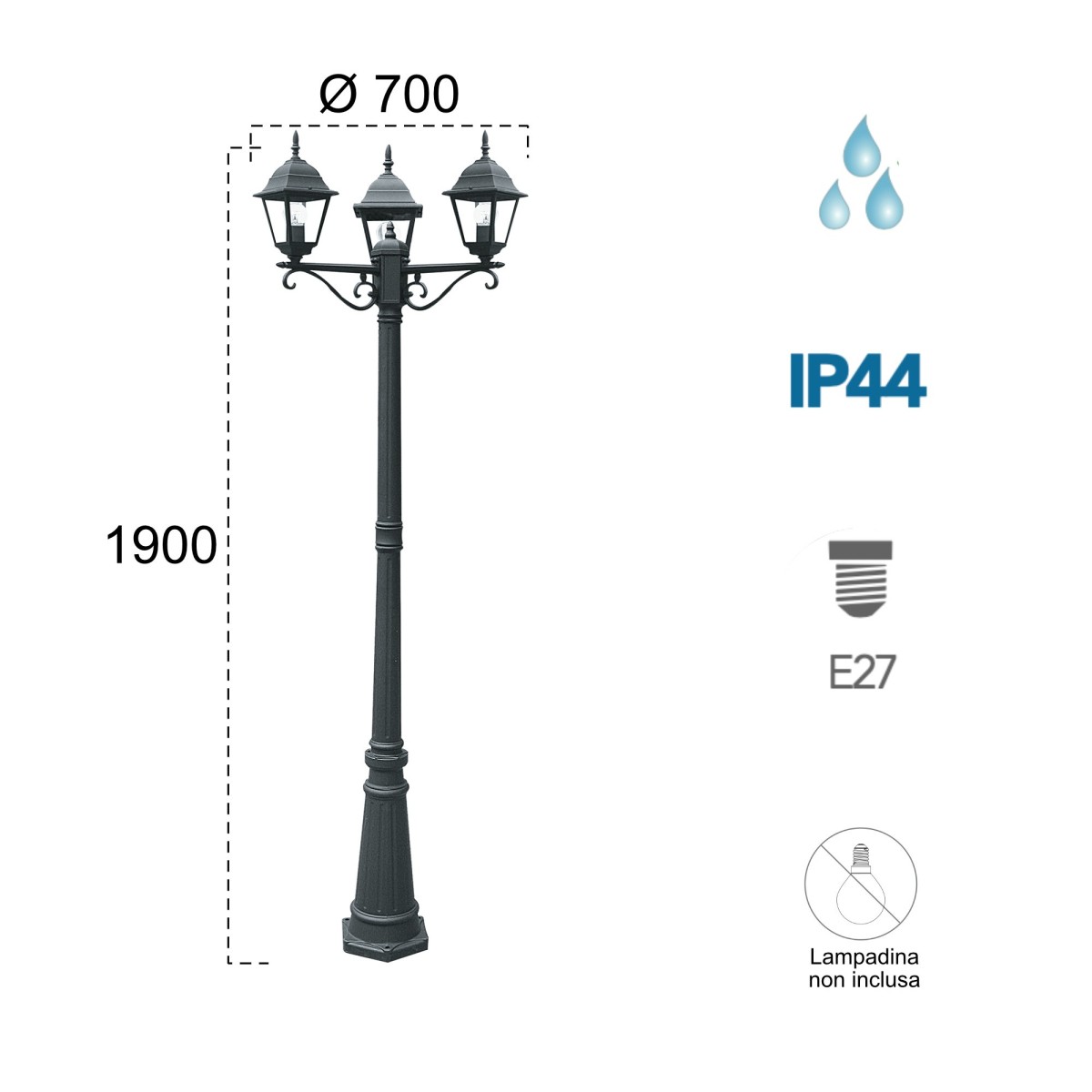 Lampadaire noir à trois lumières pour l'extérieur