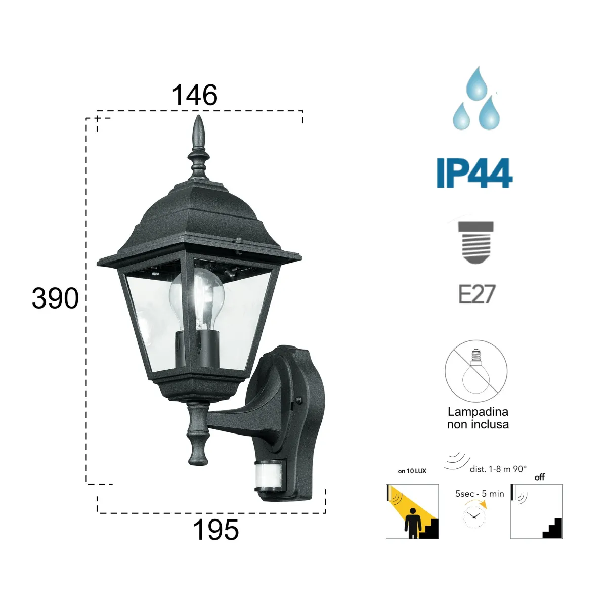 Applique da parete per esterno 60W E27 con sensore nera Paris Sense