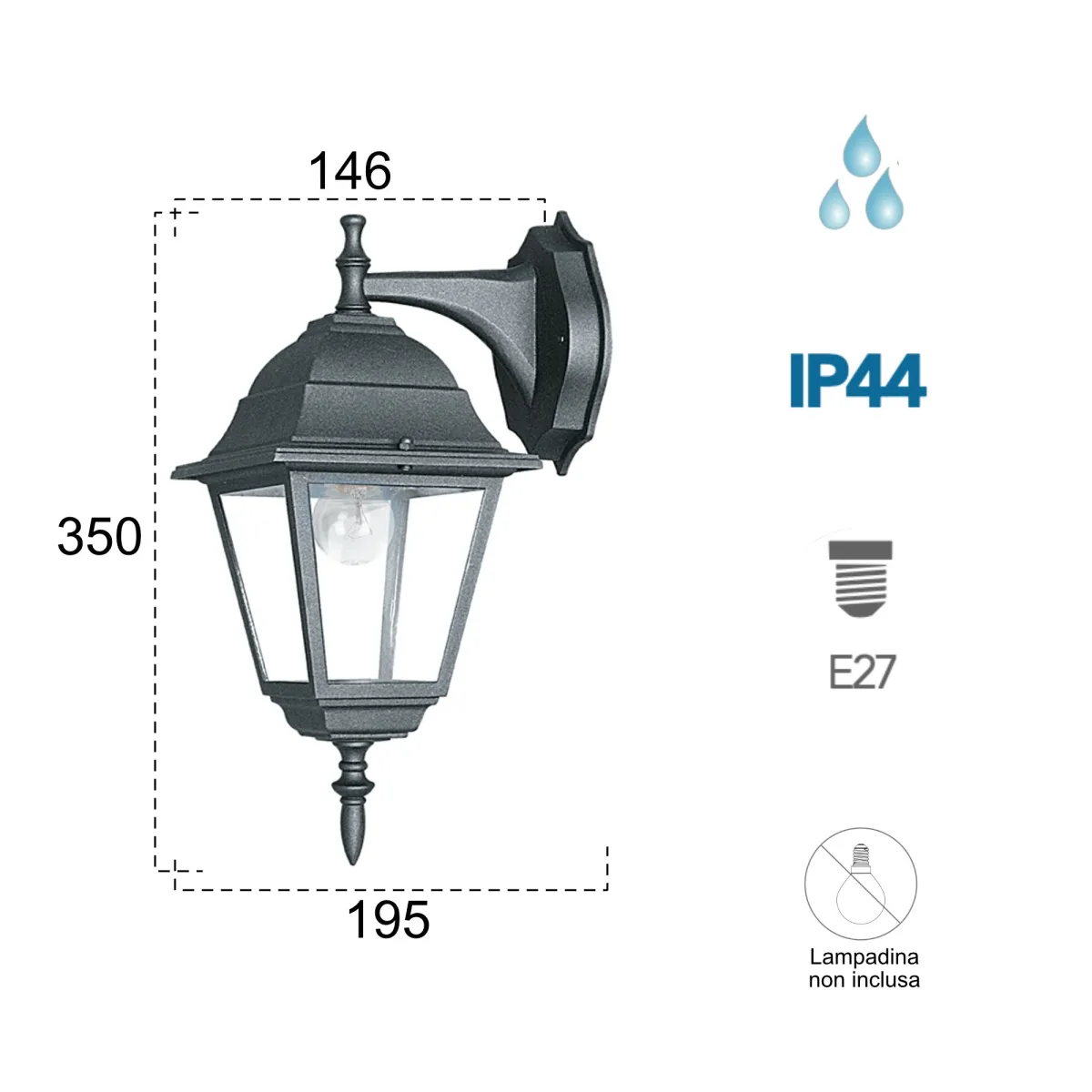 Applique da parete per esterno 60W E27 nera Paris Down