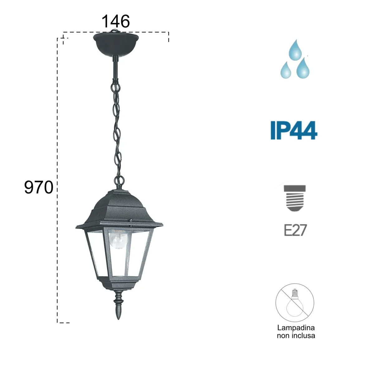 Lampadario a sospensione 60W E27 nero Paris