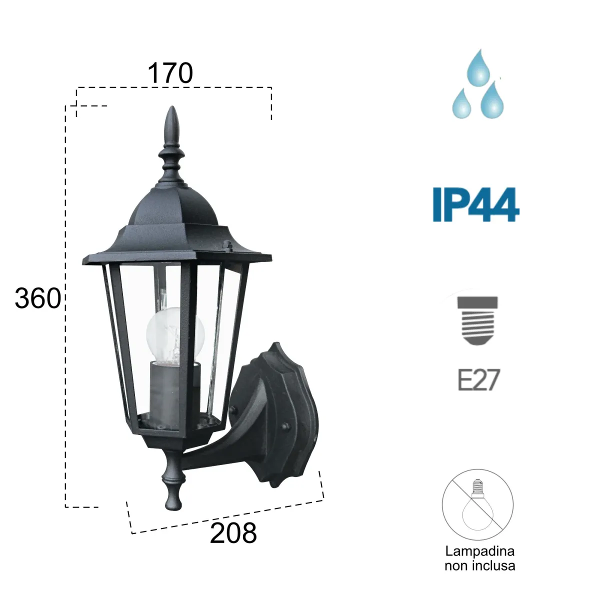 Applique da parete per esterno 60W E27 nera London Up