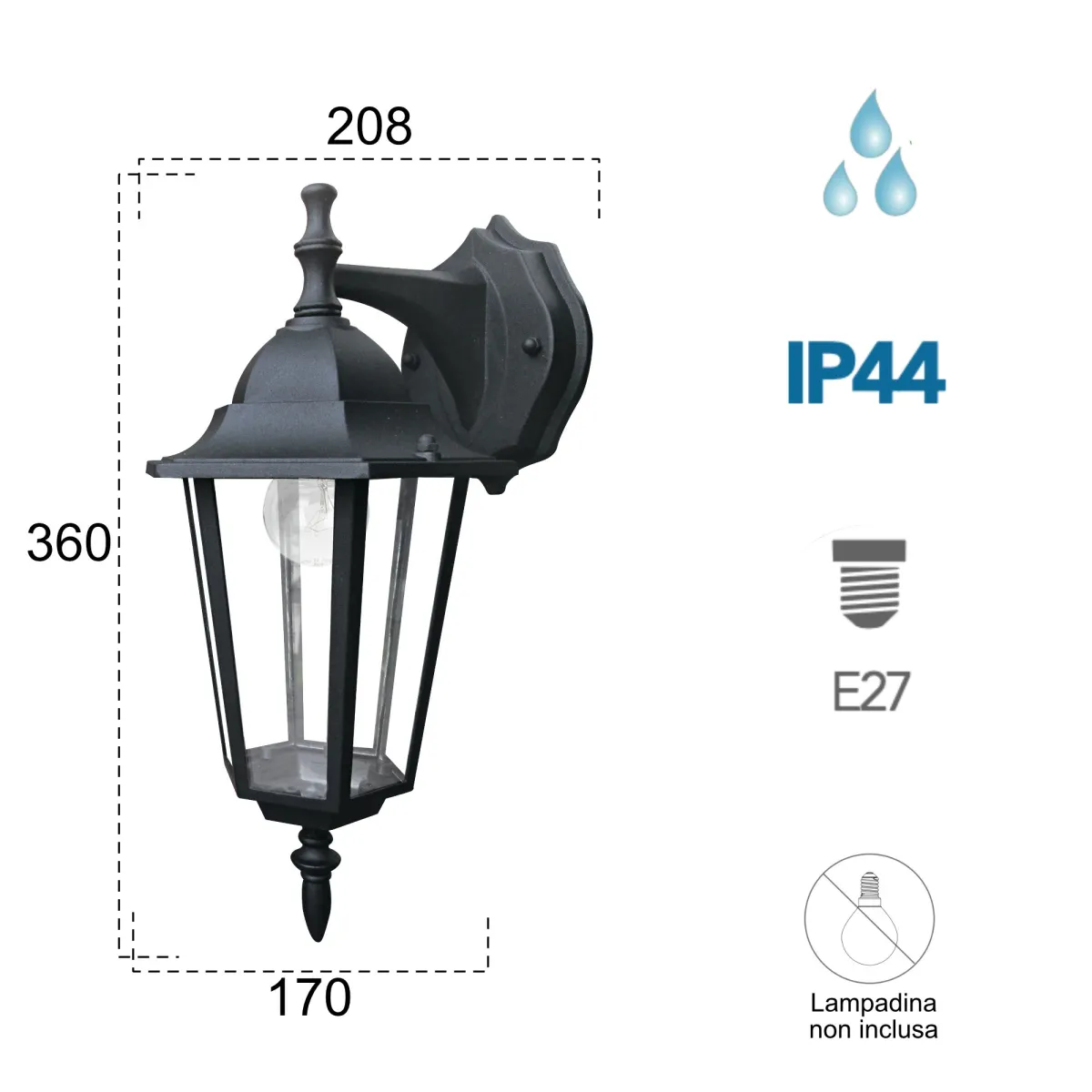 Applique da parete per esterno 60W E27 nera London Down