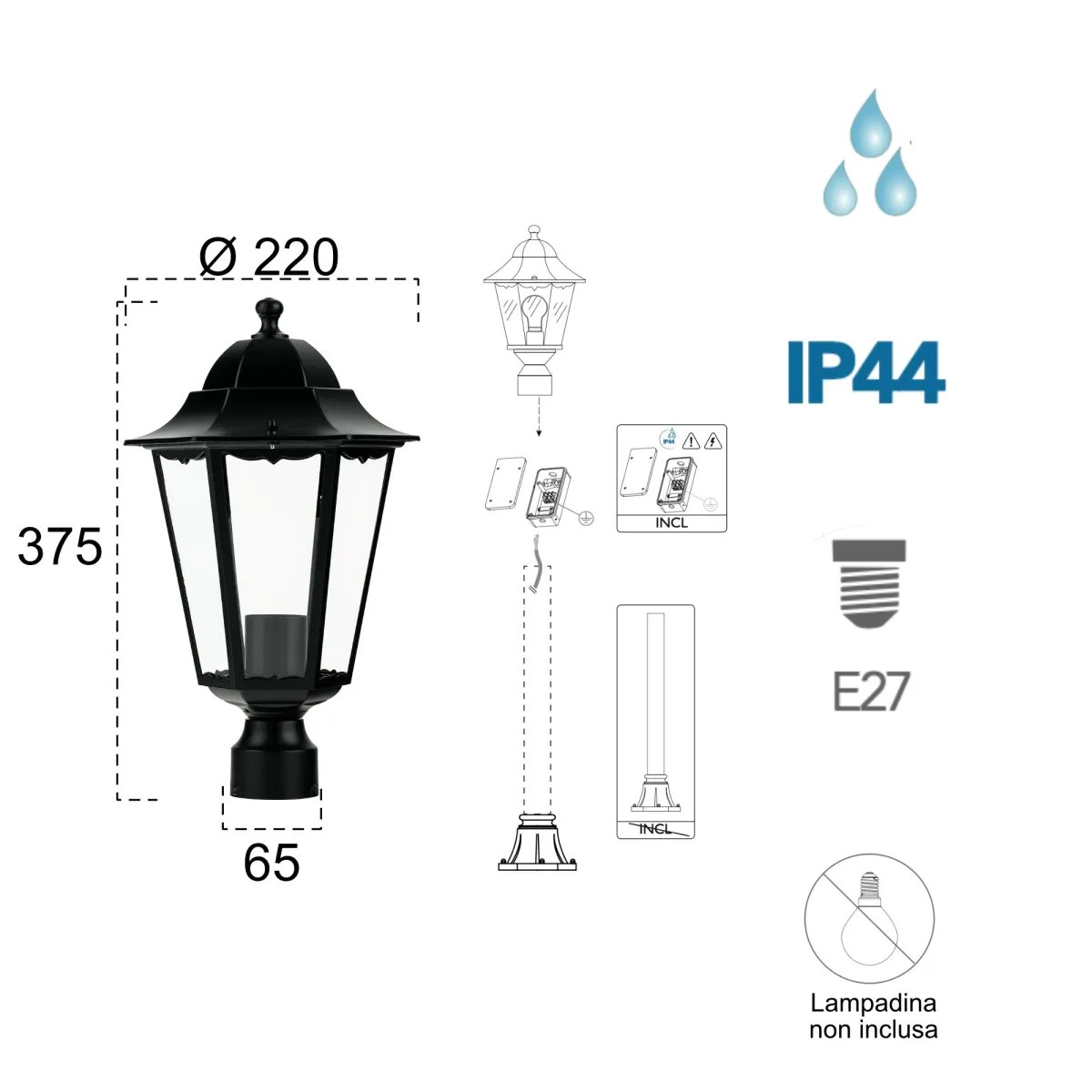 Lanterna testa per palo da esterno 60W E27 nera London