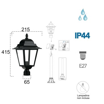 Lanterna testa per palo da esterno 60W E27 nera Paris