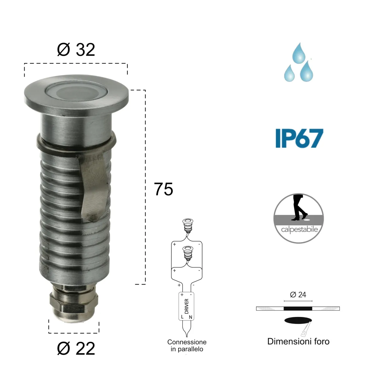 Lampe de balisage encastré 3W led 4000K nickel Metro