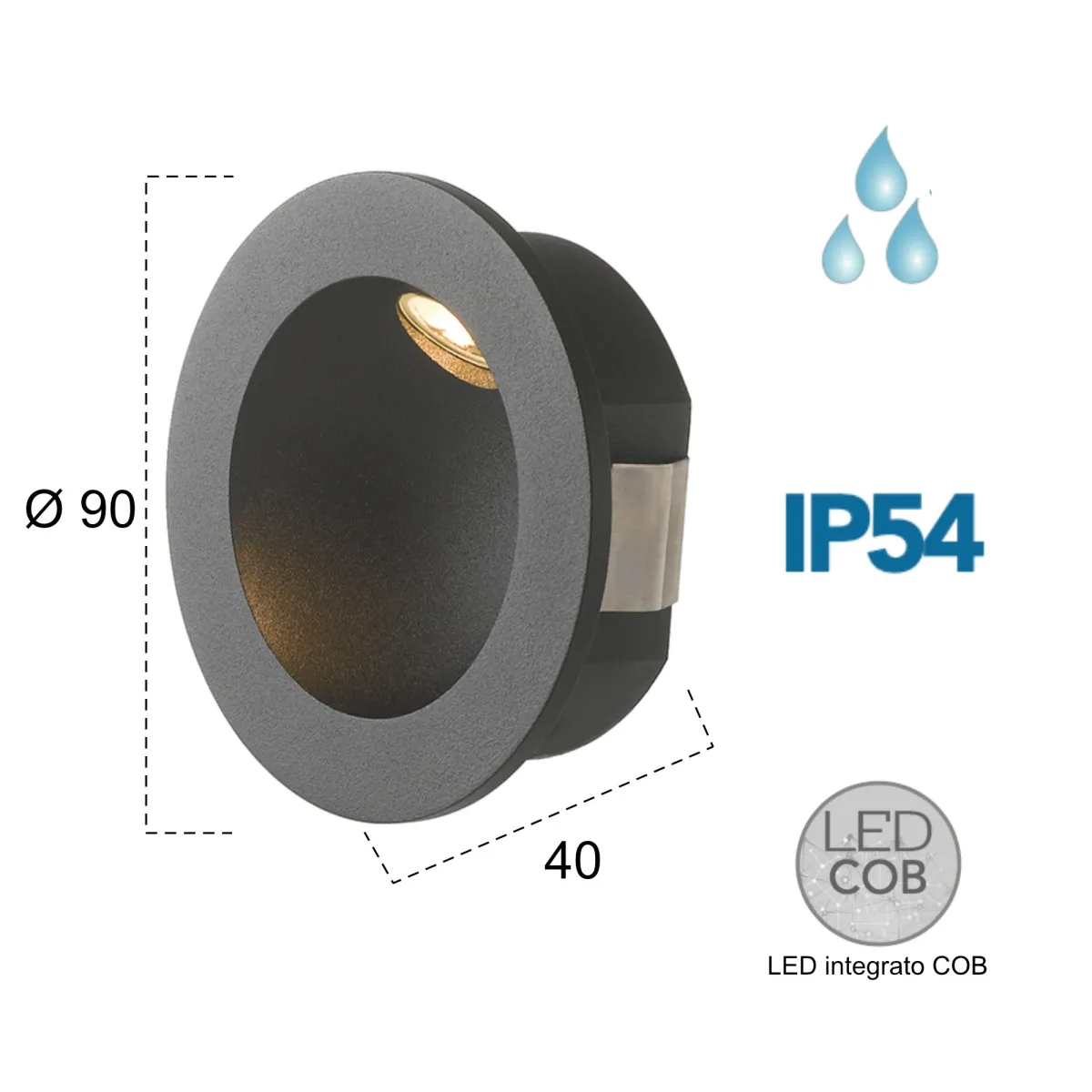 Projecteur extérieur rond en aluminium noir LED 2 watts lumière chaude