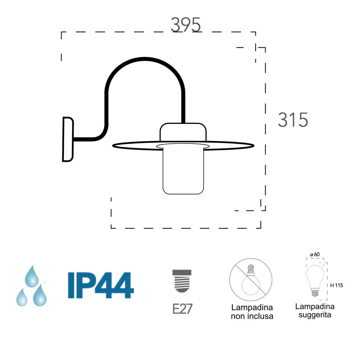Applique da parete per esterno 60W E27 nera Saxon