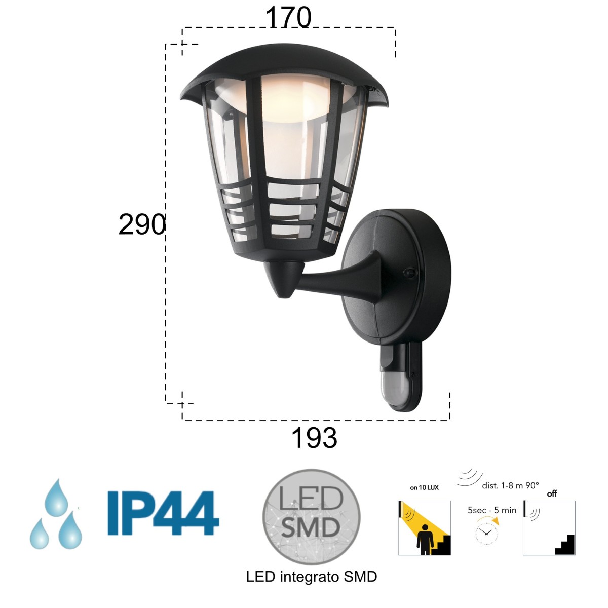 Applique da parete per esterno 12W a led con sensore nera Grace Sense