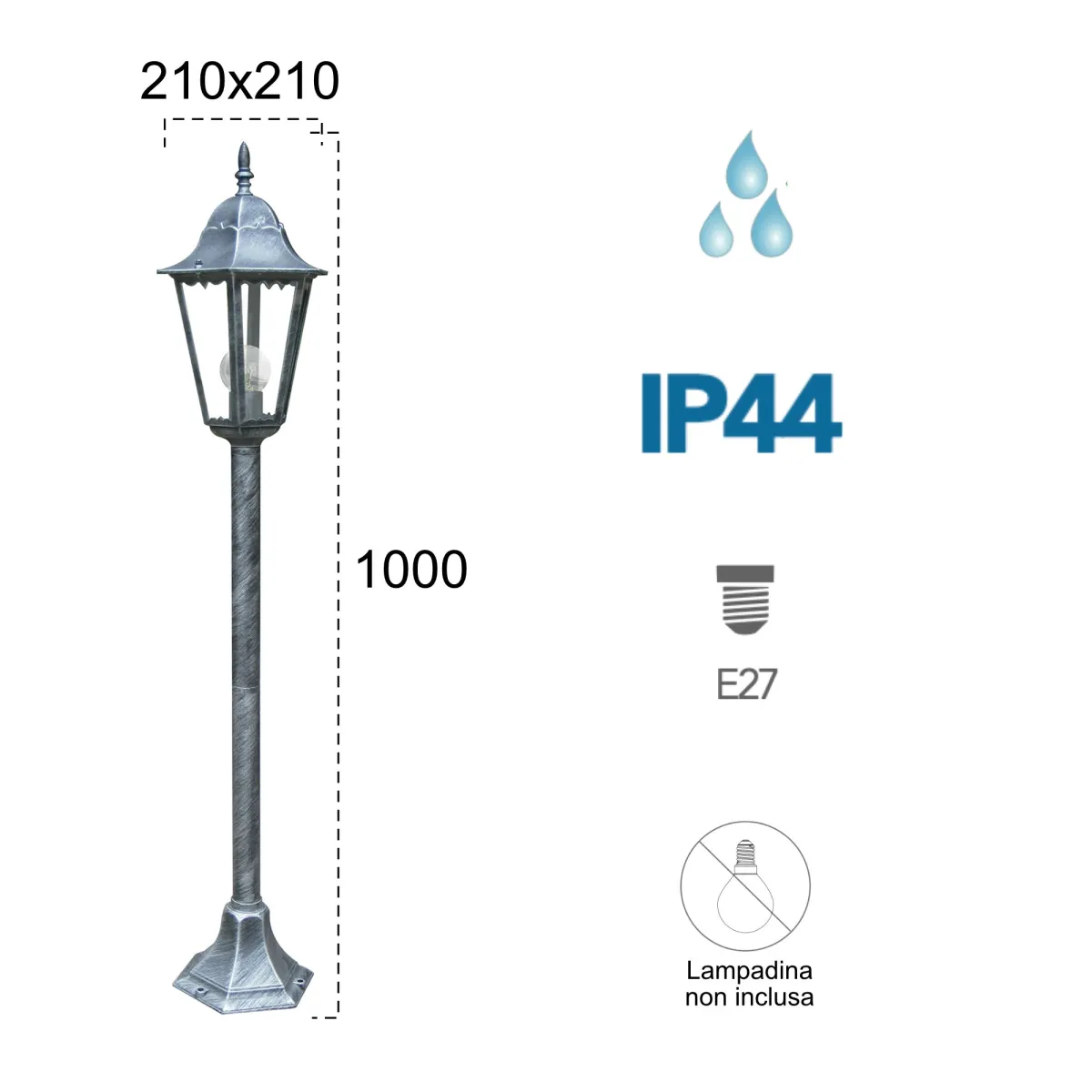 Paletto luce da esterno 60W E27 nero e argento Koln