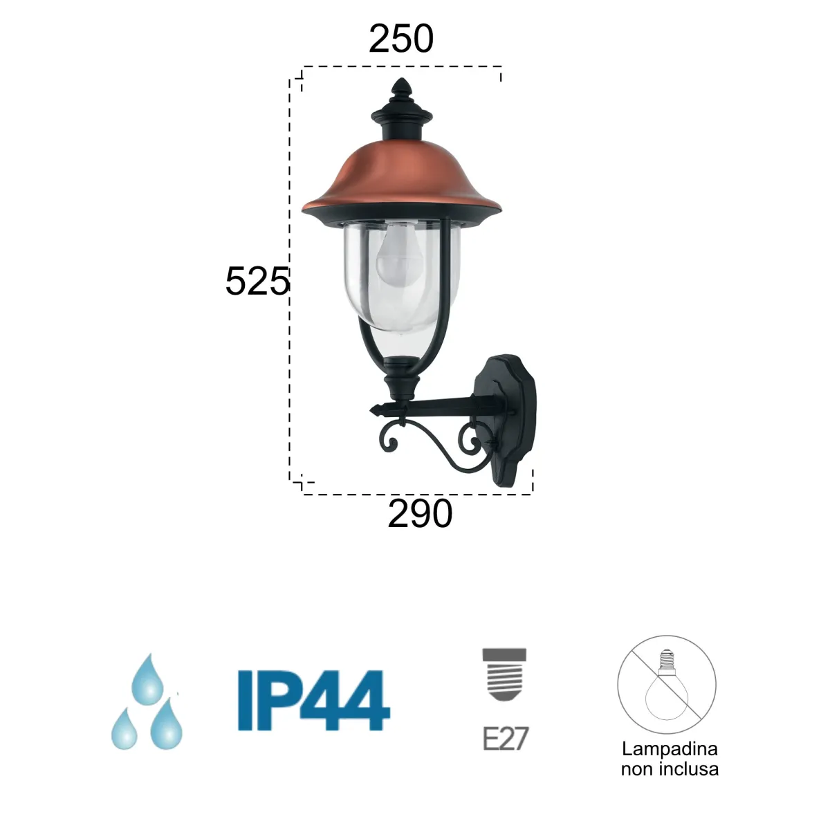 Applique da parete per esterno 60W E27 nera e rame Wien Up