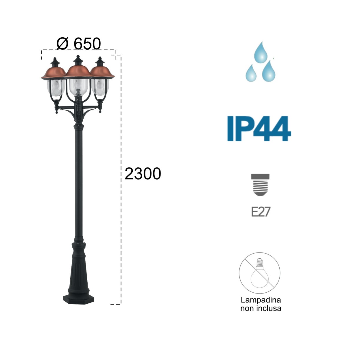 Lampadaire avec trois lumières en cuivre pour l'extérieur