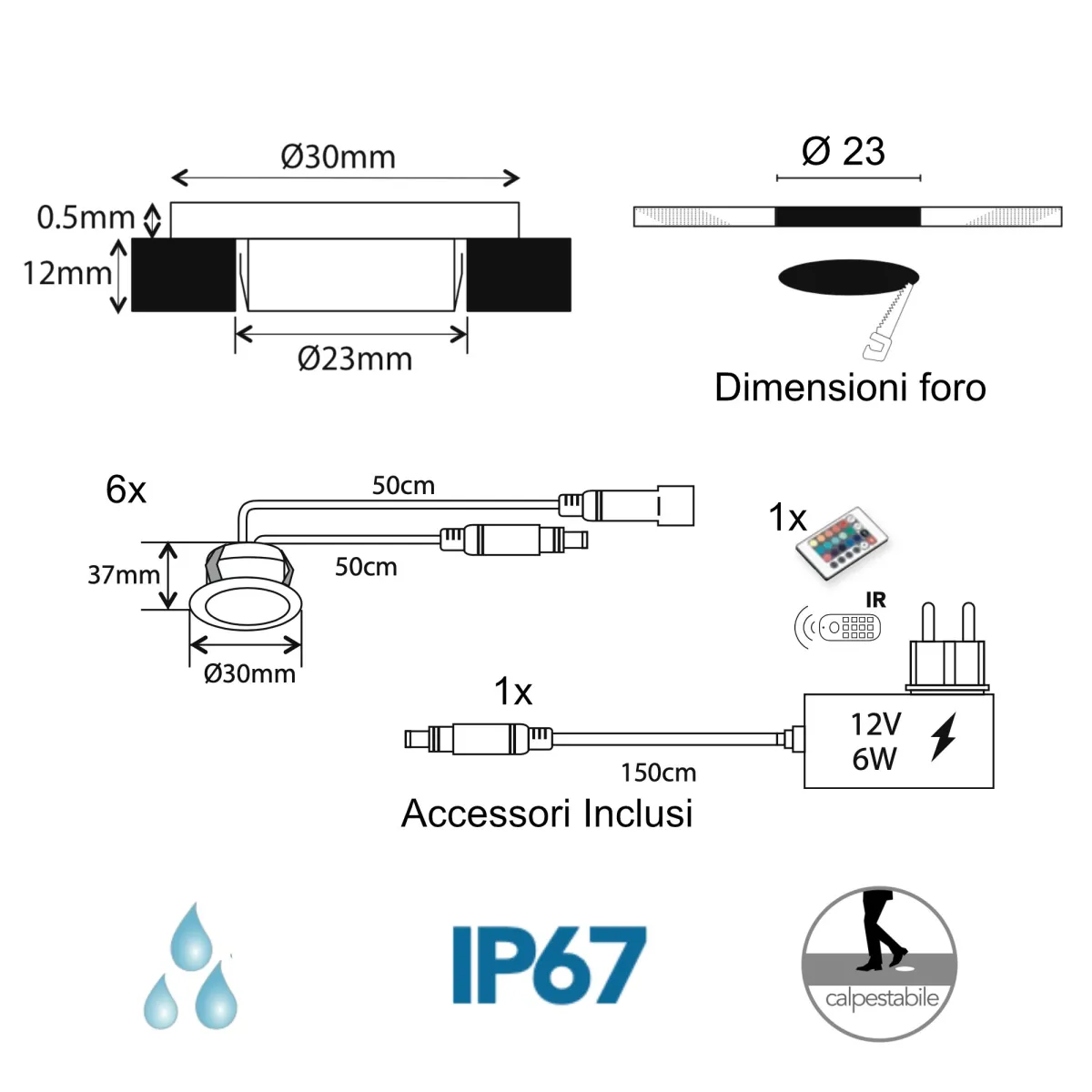 Kit 6 Segnapassi da incasso 0,6W a led con telecomando Chain Color