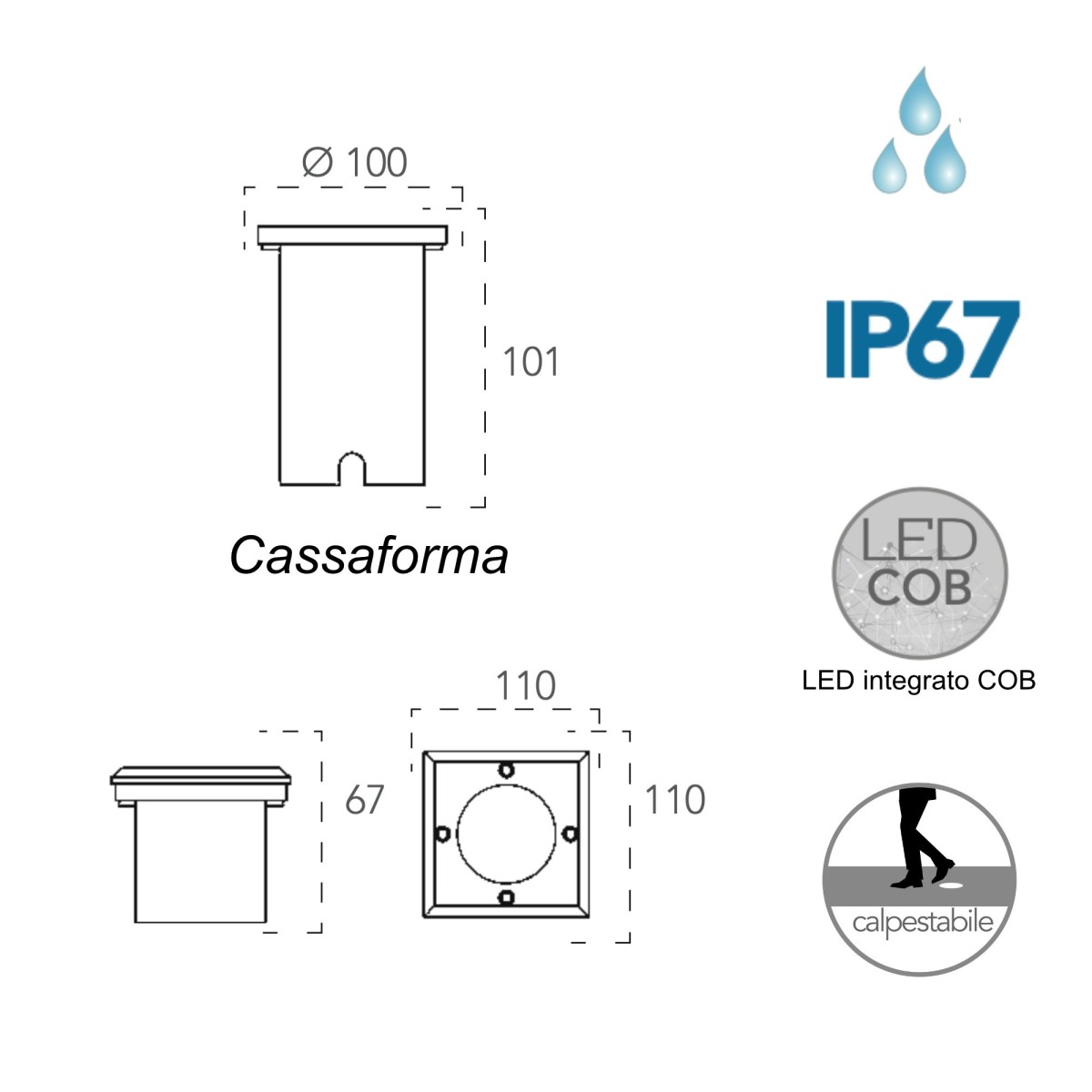 Spot LED carré piéton 11 cm