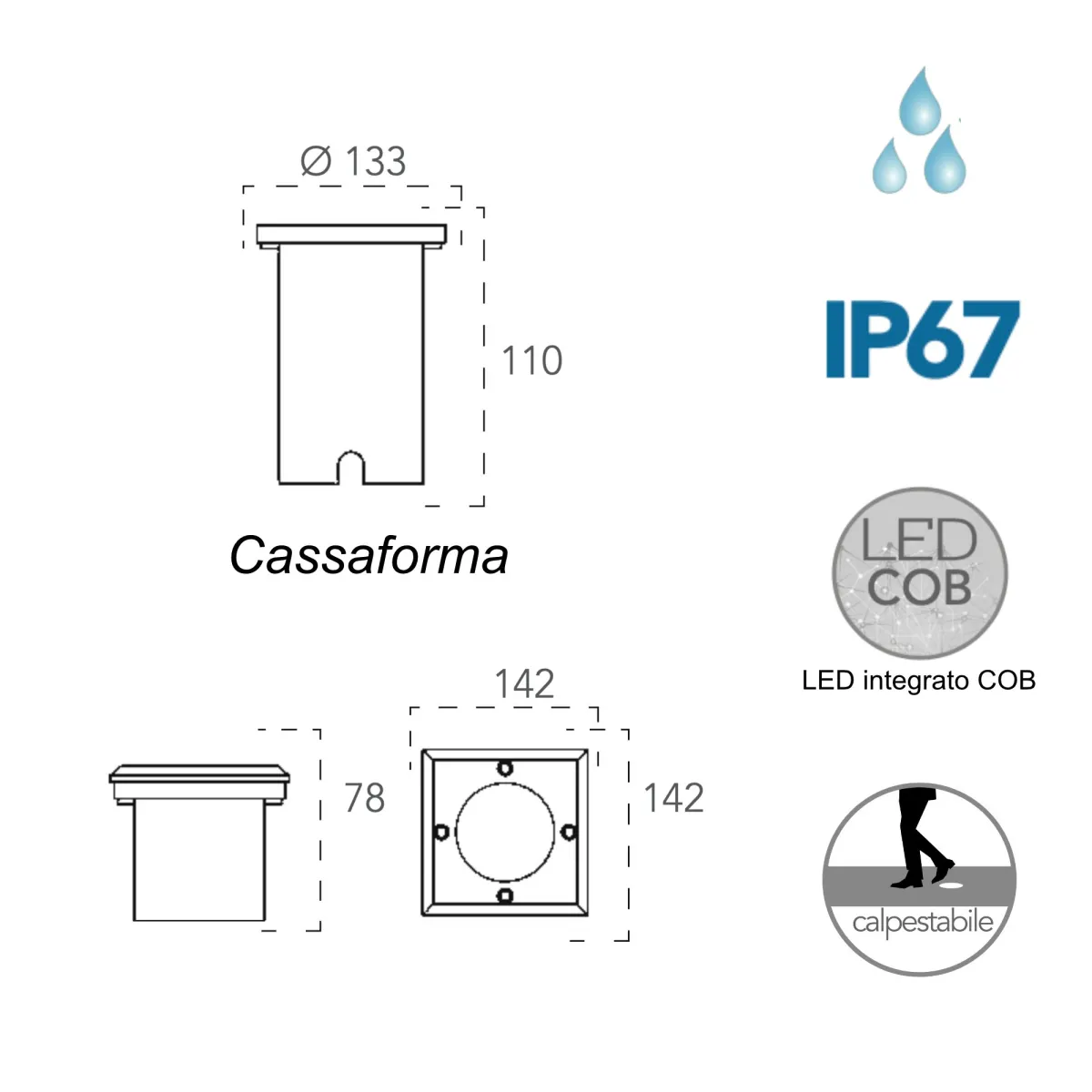 Spot LED carré piétonnier pour usage extérieur 14 cm