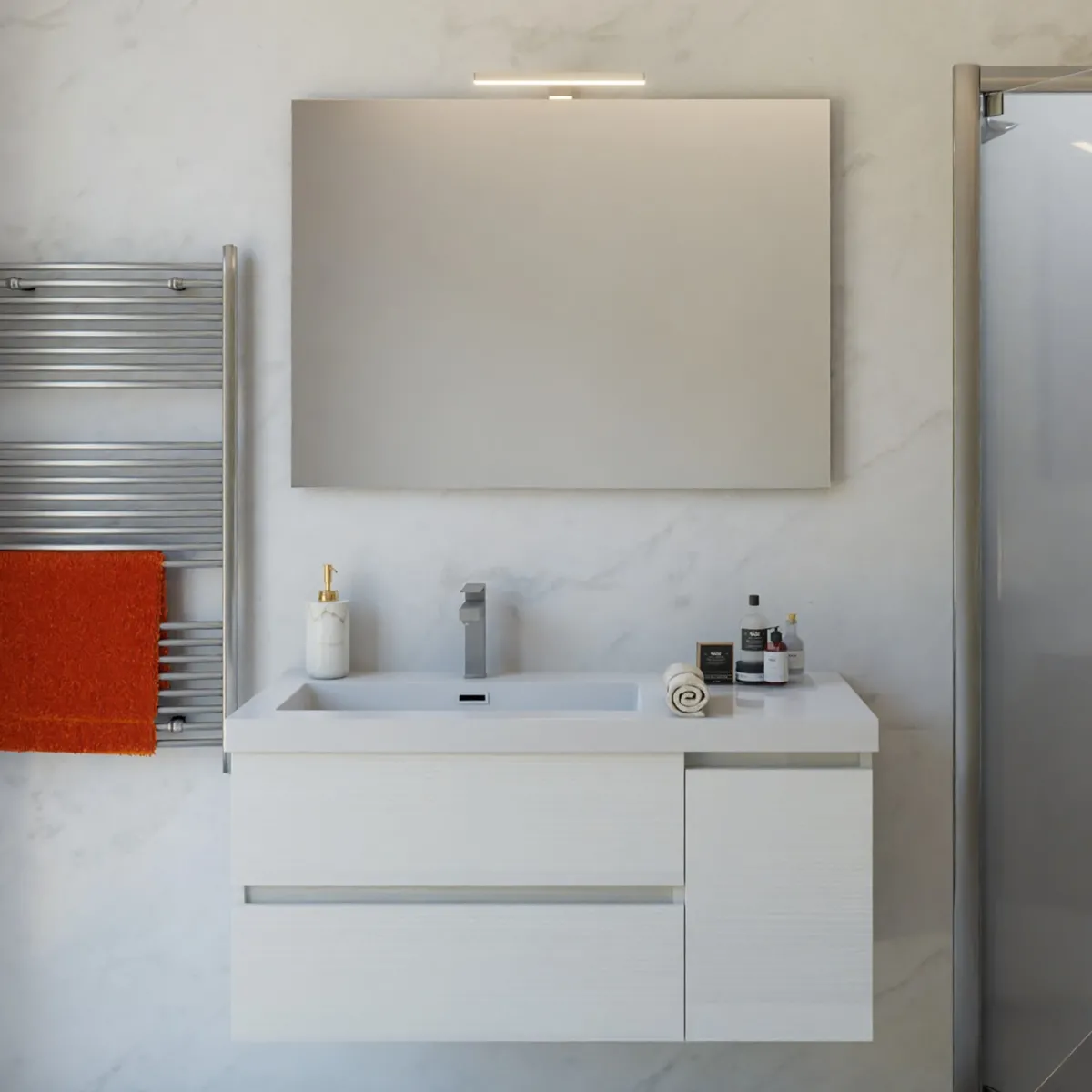 Mobile bagno sospeso bianco larice 100cm due cassetti e sportello MOOD-100