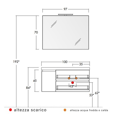 Hängender Badezimmerschrank aus weißer Lärche, 100 cm, mit zwei Schubladen und Tür MOOD-100