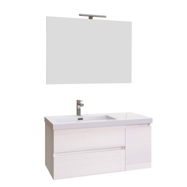 Hängender Badezimmerschrank aus weißer Lärche, 100 cm, mit zwei Schubladen und Tür MOOD-100