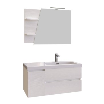 Weißer hängender Badezimmerschrank mit 100 Spiegelregalen und Lampe MOOD-100