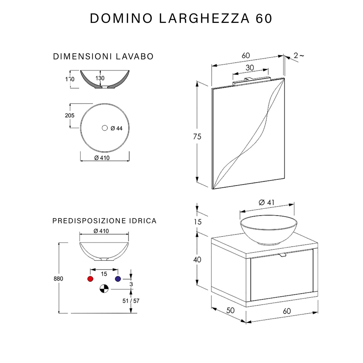Meuble de salle de bain suspendu 60cm béton gris ciel avec miroir Domino