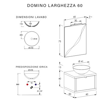 Mobile bagno sospeso 60cm cemento rovere farnia con specchio Domino