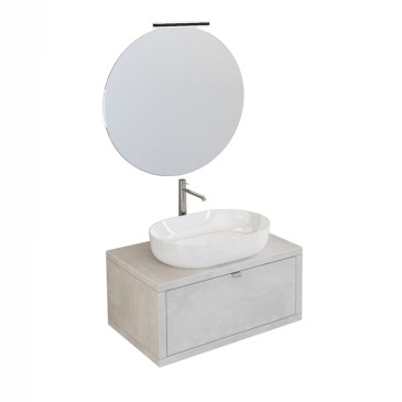 Meuble de salle de bain suspendu 80cm béton gris ciel avec miroir DOMINO