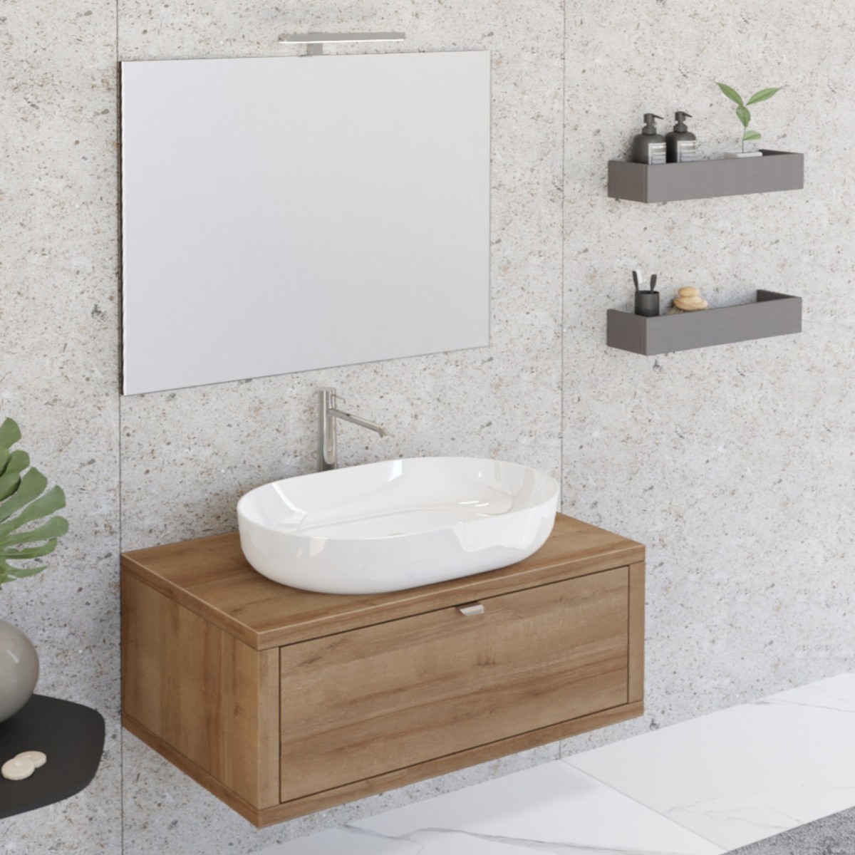 Meuble de salle de bain suspendu 80cm chêne farnia avec miroir DOMINO