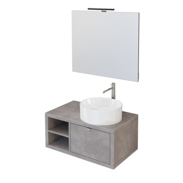 80 cm hängender Badezimmerschrank mit Regal und warmgrauem Spiegel DOMINO