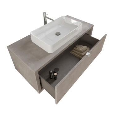 Meuble de salle de bain suspendu 110cm béton gris chaud avec miroir DOMINO