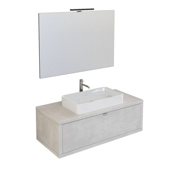 Meuble de salle de bain suspendu 110cm béton gris ciel avec miroir DOMINO