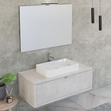 Meuble de salle de bain suspendu 110cm béton gris ciel avec miroir DOMINO