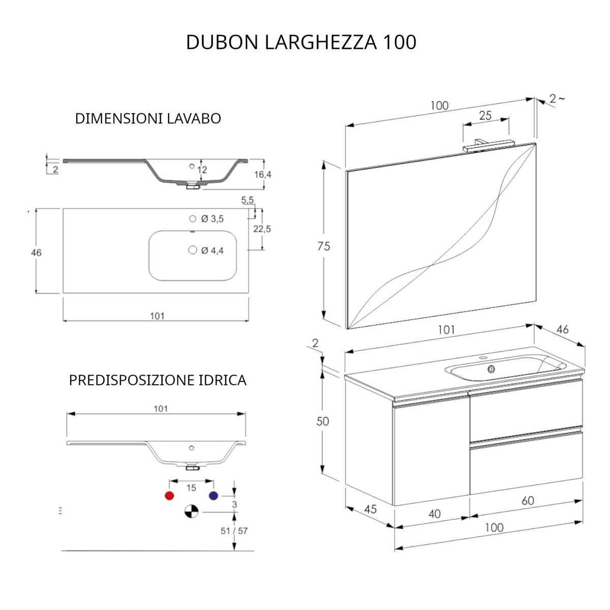 Meuble de salle de bain suspendu 100cm avec miroir blanc mat DUBON